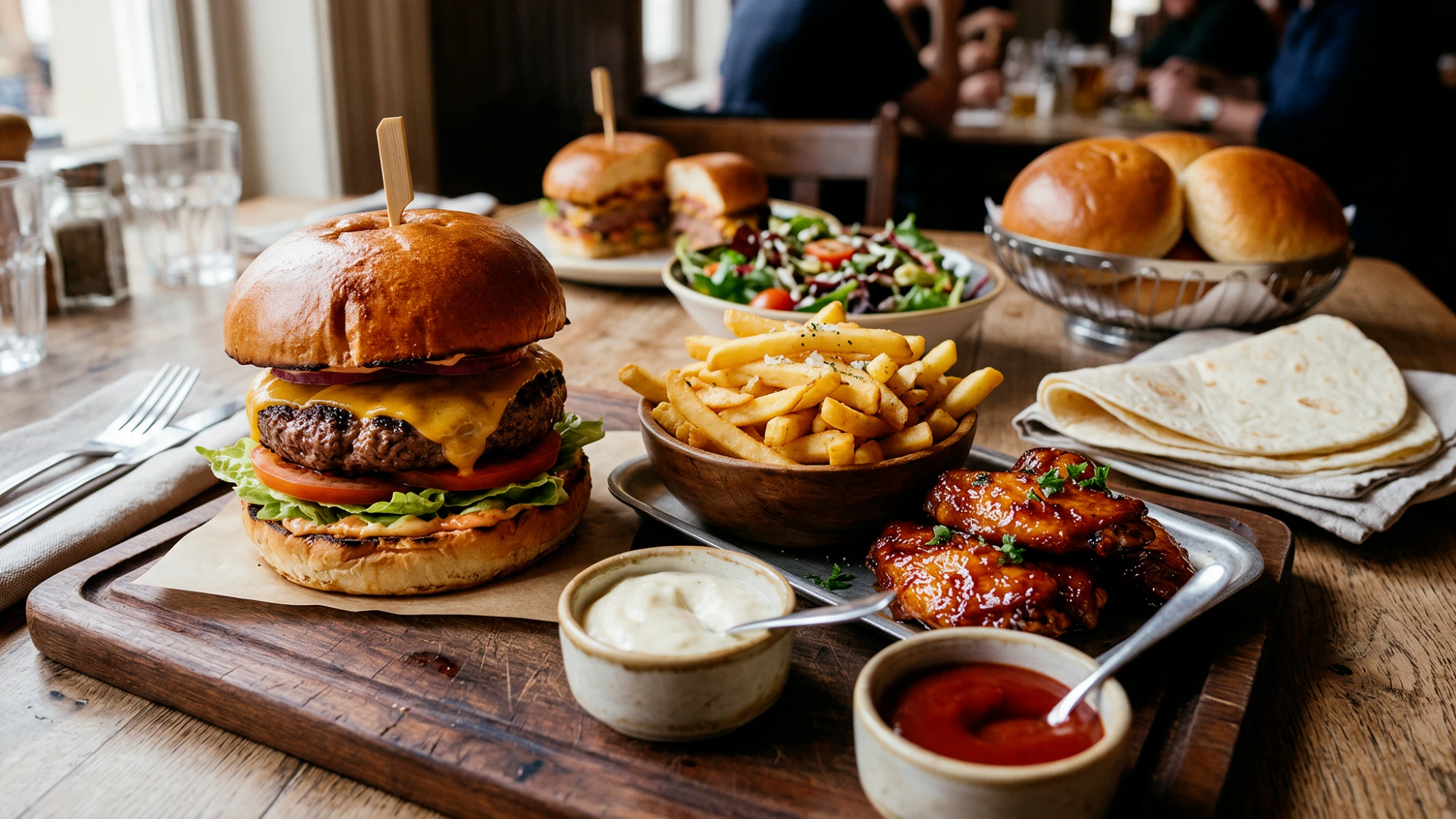 Beefburger, friet, kipvleugels, brood, wraps en sauzen op tafel