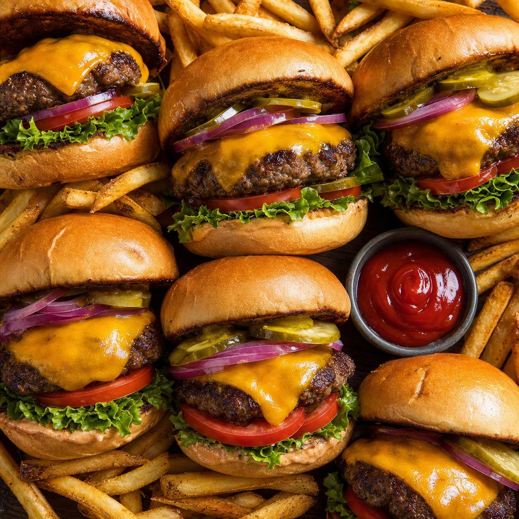 Beefburgers met cheddar, friet en ketchup