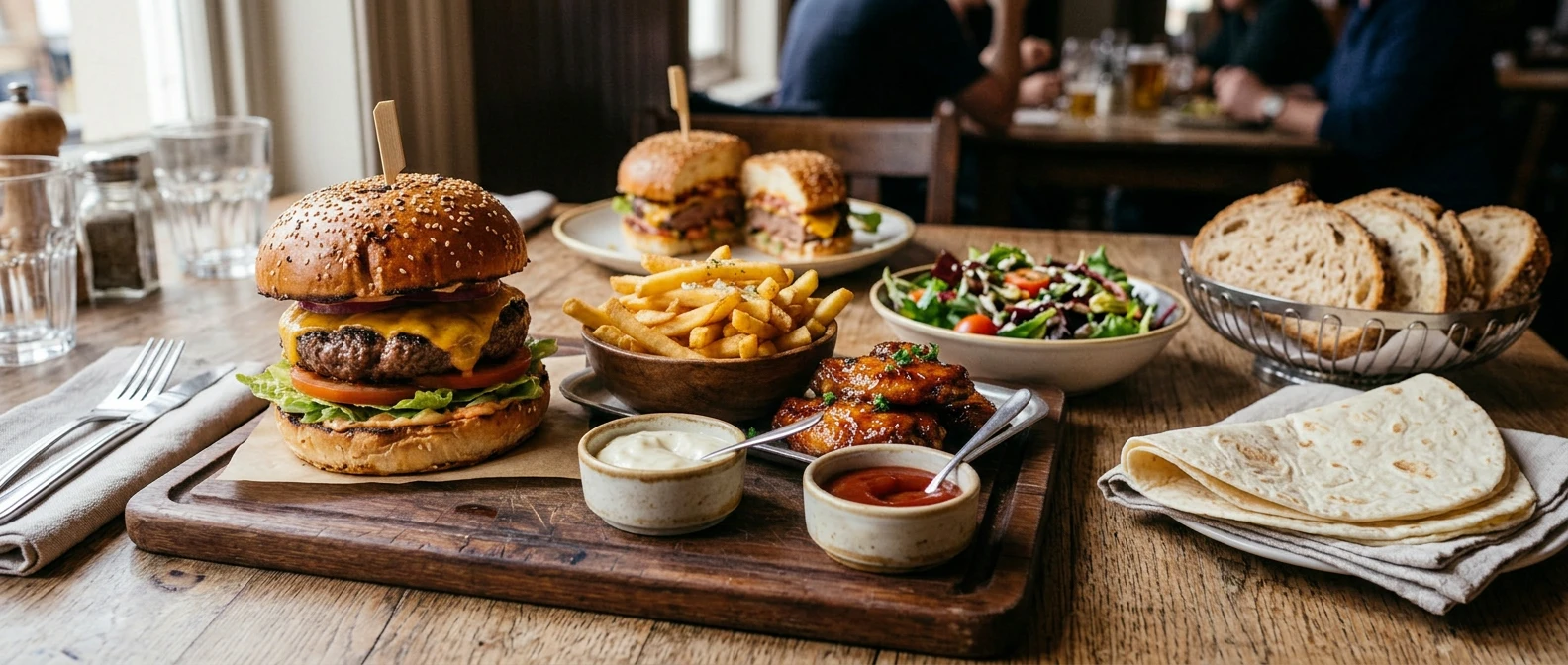 Burger, friet, kipvleugels, sauzen, brood en wraps op een restauranttafel