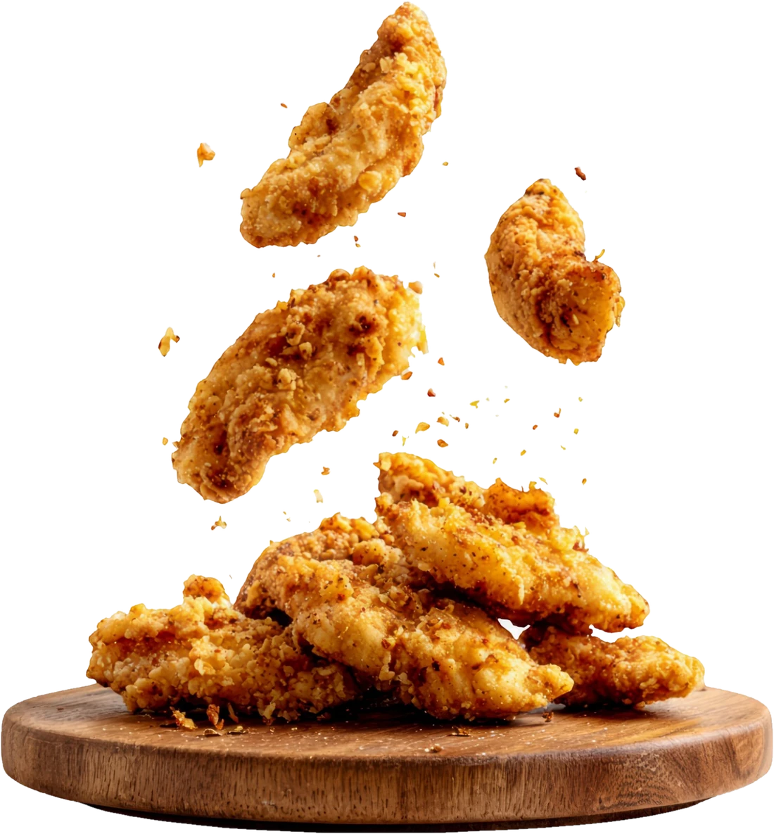 Krokante halal chicken tenders die op een houten plank vallen