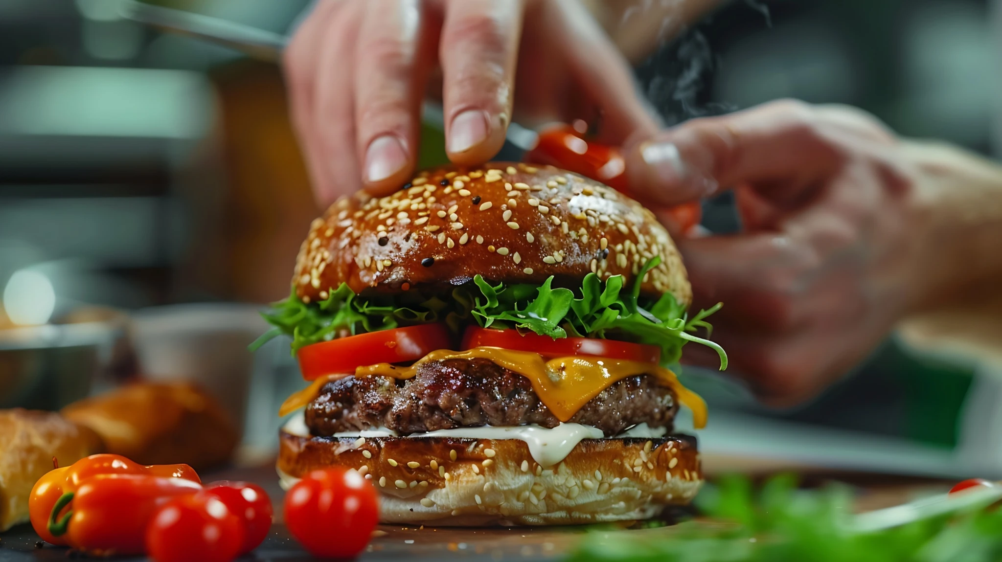 Bereiding van een burger in een professionele keuken