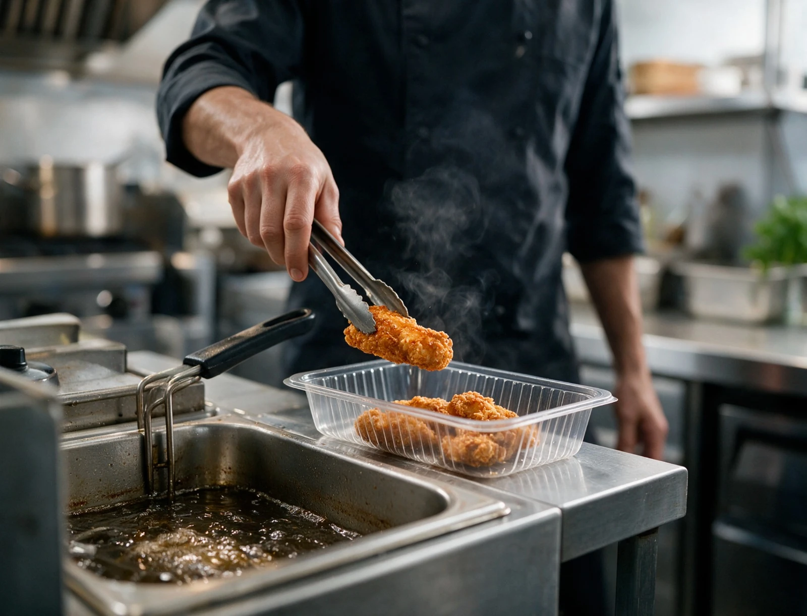 Kok bereidt krokante tenders in een professionele keuken
